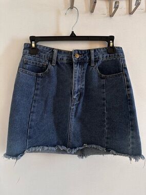 Dark Blue Denim Mini Skirt with Frayed Hem